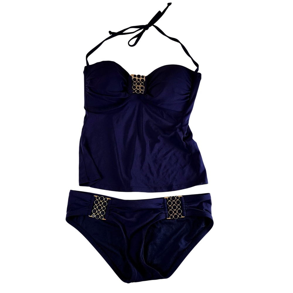 Robin Piccone Tankini Swimsuit Women Small Navy Blue Excellent Gold Hardware Set